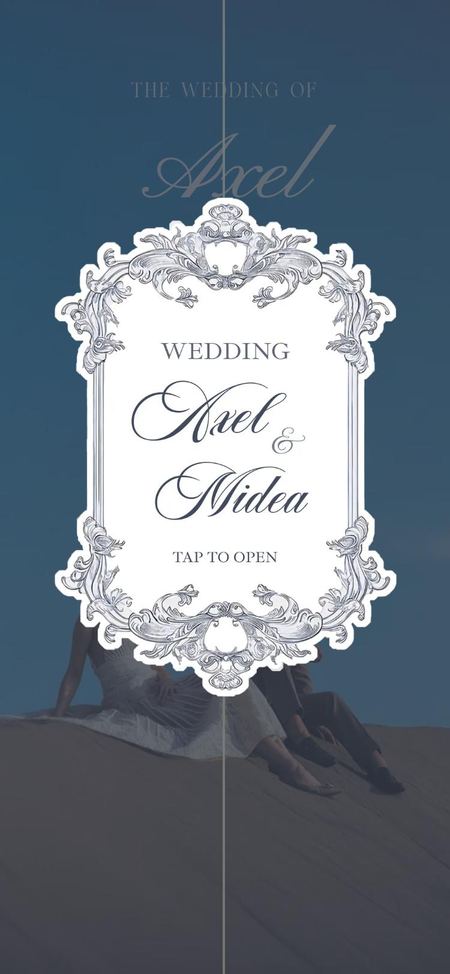 Cover with the names inside an ornate silver frame, over a photo of the couple on a sand dune under a blue sky