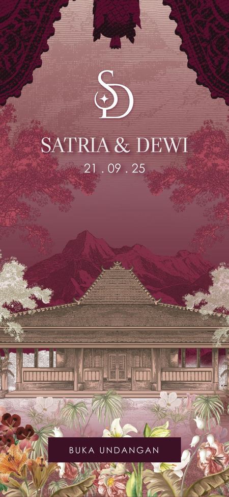 Illustrated cover in deep red with a Javanese joglo house, mountains and tropical flowers