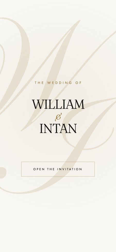 Ivory cover with the couple’s names over large script initials, W and I