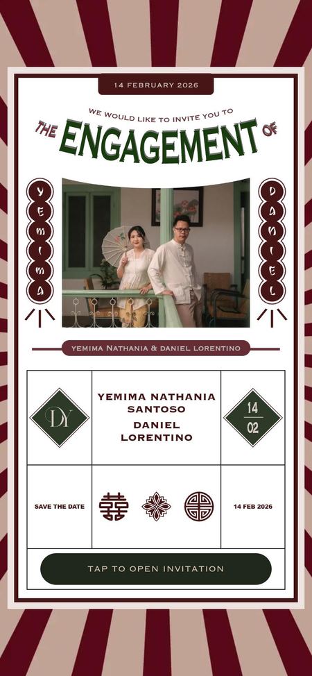 Poster-style engagement cover with red sunburst stripes, a photo of the couple and the date 14 February 2026
