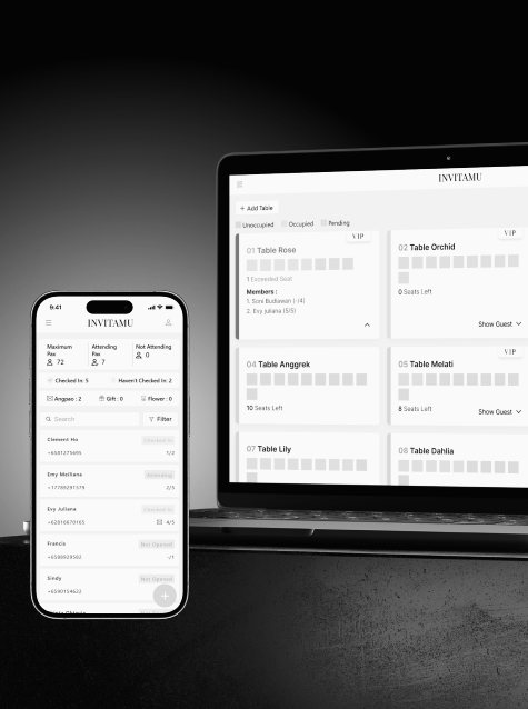 The Invitamu guest list and table plan on a laptop and phone
